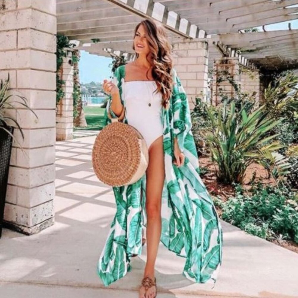 Royal Palms I Green and White Sheer Palm Leaf Pattern Kimono Swim Cover Up L